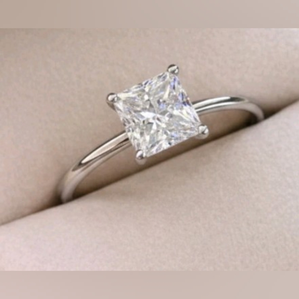 925 SS Rh P Solitaire Moissanite 1/2 Ct Princess Cut Engagement Ring Size 6.5